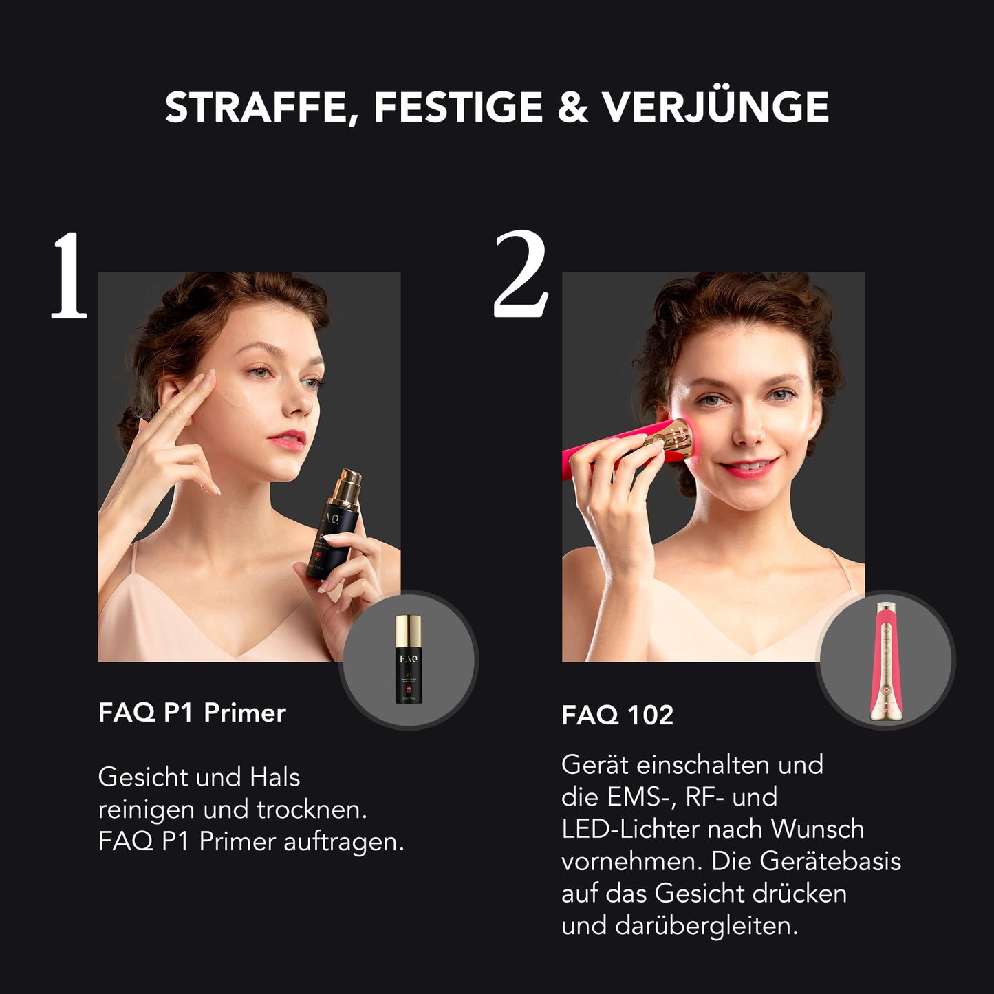 Beauty Answer FAQ 102 Set – EMS, RF & 8-LED Lichttherapie Gesichtsstraffungsgerät + FAQ P1 Manukahonig Primer 30 ml – Radiofrequenz & Lichttherapie