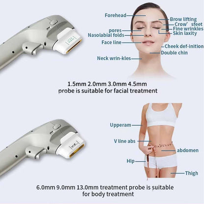 Professionelles 7-in-1 Hifu-Gerät für Gesicht & Körper – Tiefen 1,5–13 mm, MF2-Kartusche für feine Fältchen, nicht-invasiv, sicher, medizinisch