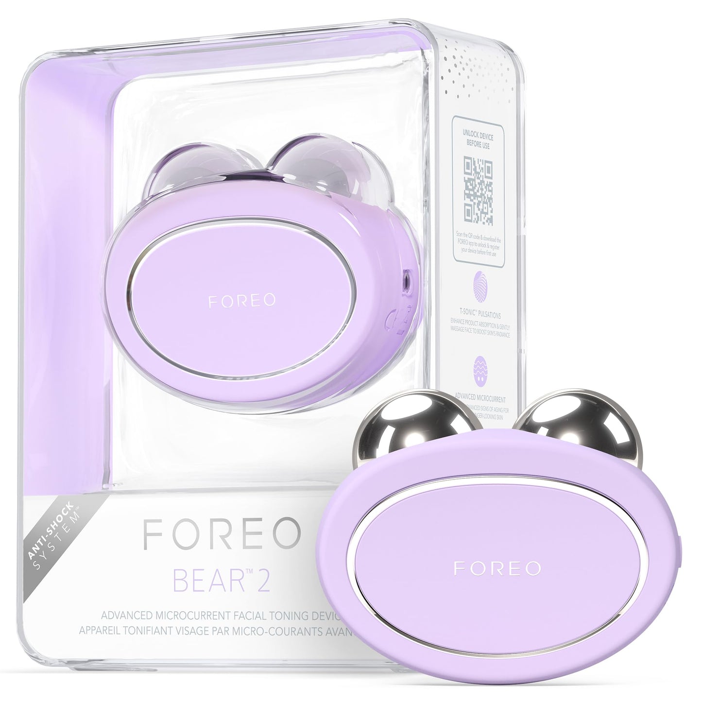 FOREO BEAR 2 Gesichtsmassagegerät mit Mikrostrom – Face Lifting, Toning, Anti-Aging, Straffung & Festigung, nicht-invasiv – Lavender