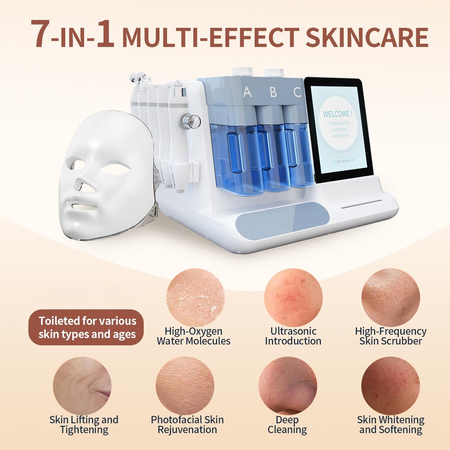 7-in-1 Wasserstoff-Sauerstoff Gesichtsreinigungs- & Pflegegerät – Hautstraffung, Tiefenreinigung, Hydra-LED, RF-Wassertherapie für Spa & Profi